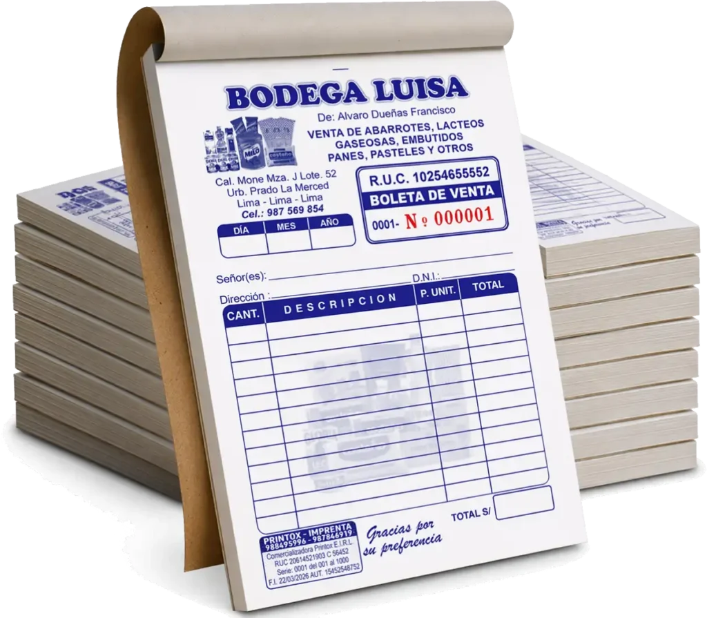 Boleta de venta modelo vertical impresa por PRINTOX