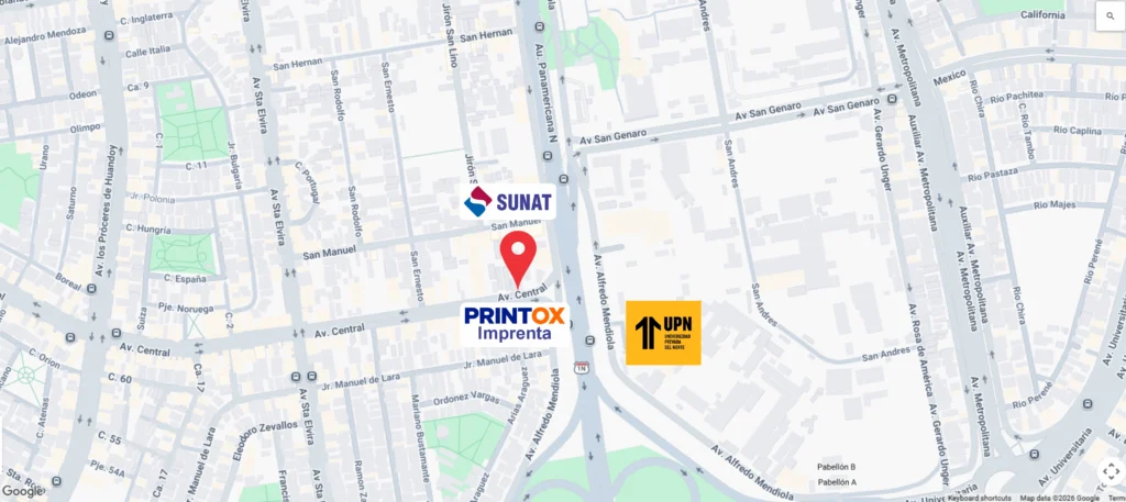 Mapa de ubicación del local de PRINTOX Imprenta en Los Olivos, Lima, Perú.