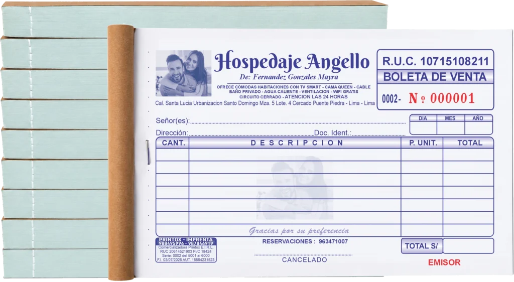 Boleta de venta modelo horizontal para hospedaje impresa por PRINTOX
