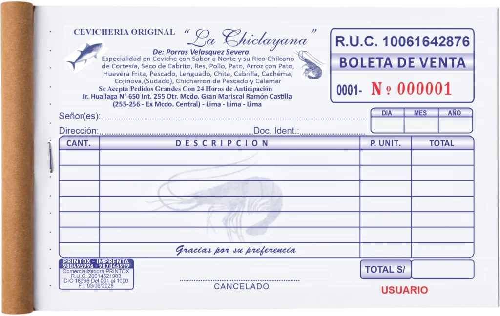 Boleta de venta personalizada para cevichería