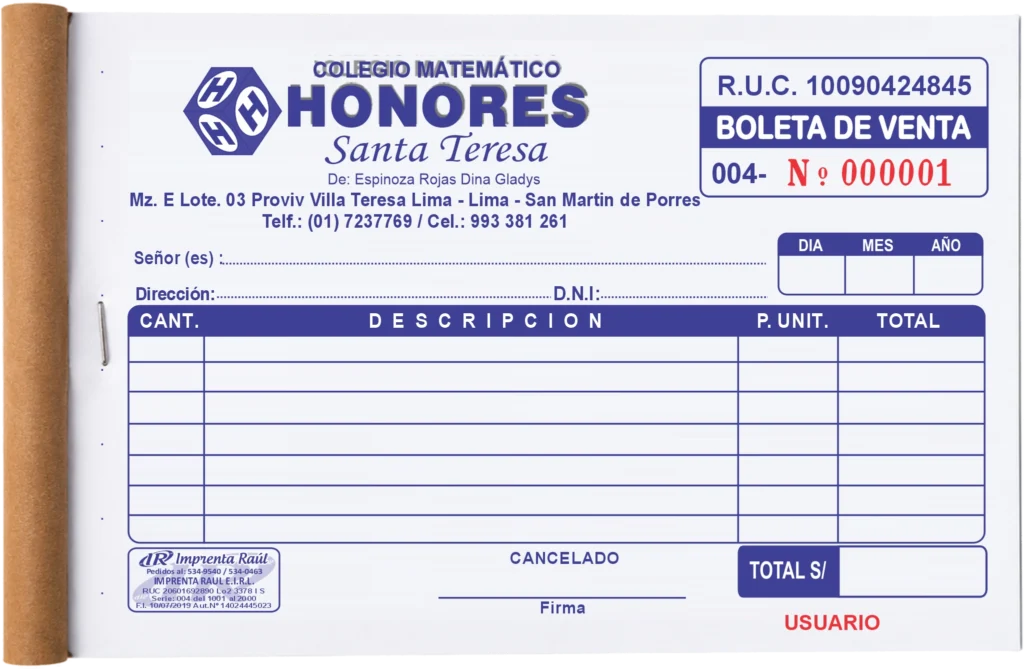 Boleta de venta personalizada para colegio