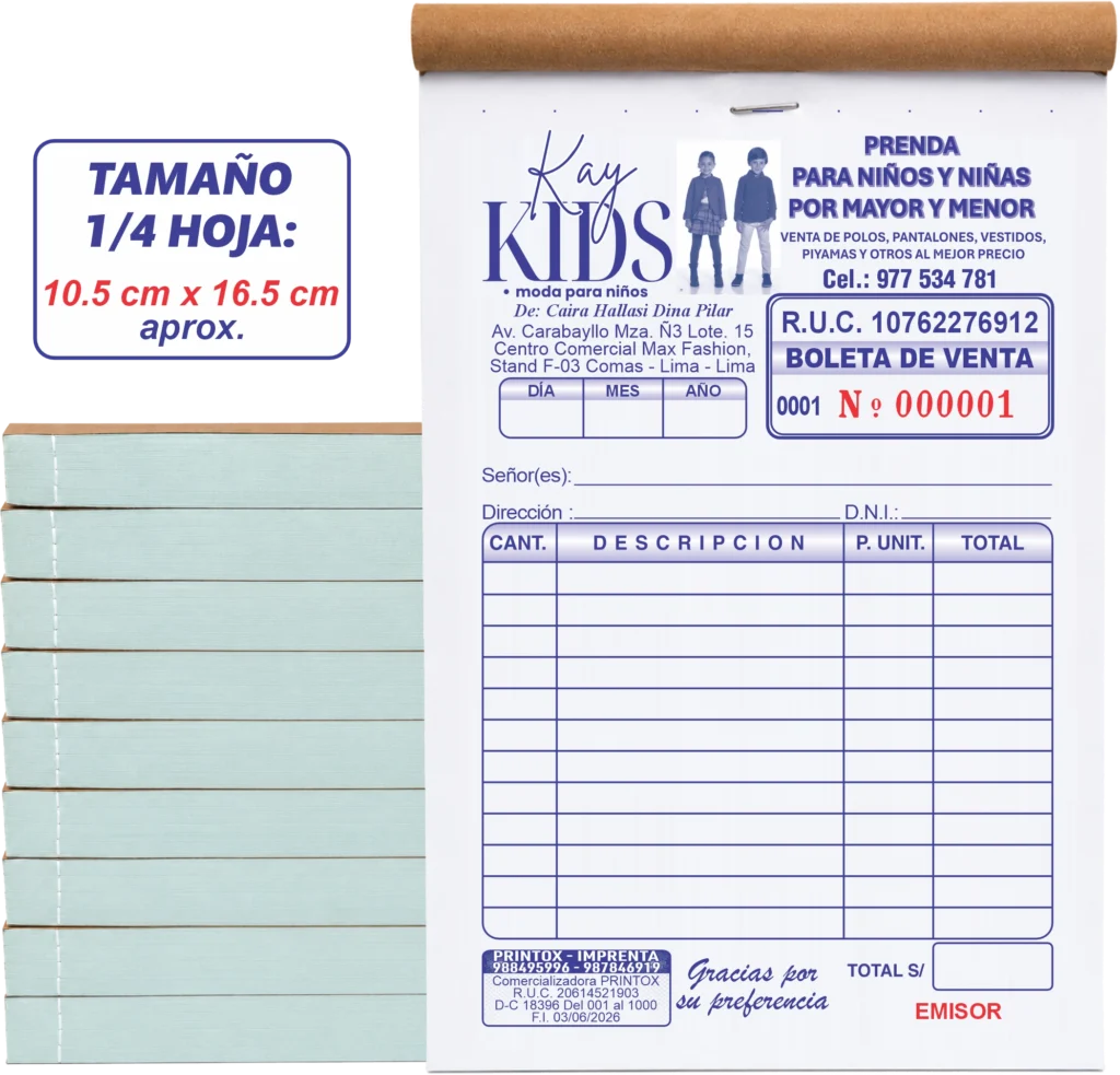 Boleta de venta para tienda de ropa infantil en tamaño 1/4 de hoja