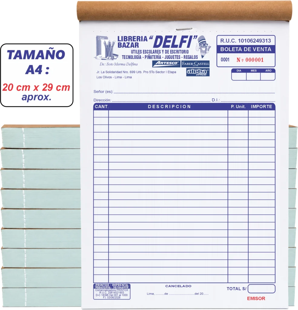 Boleta de venta tamaño A4 impresa por PRINTOX Imprenta en Lima