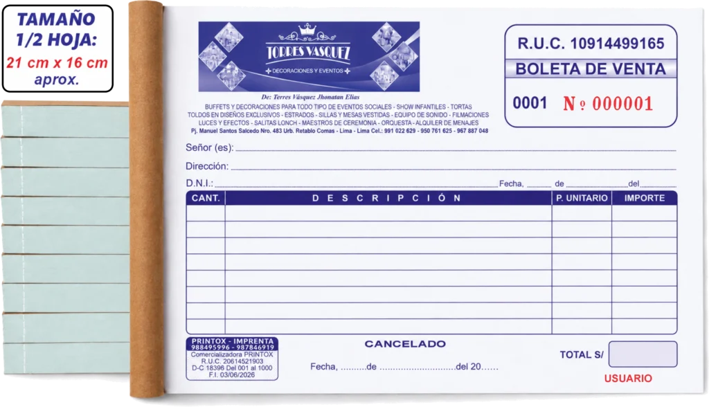 Boleta de venta para servicios de decoración y eventos en formato 1/2 hoja
