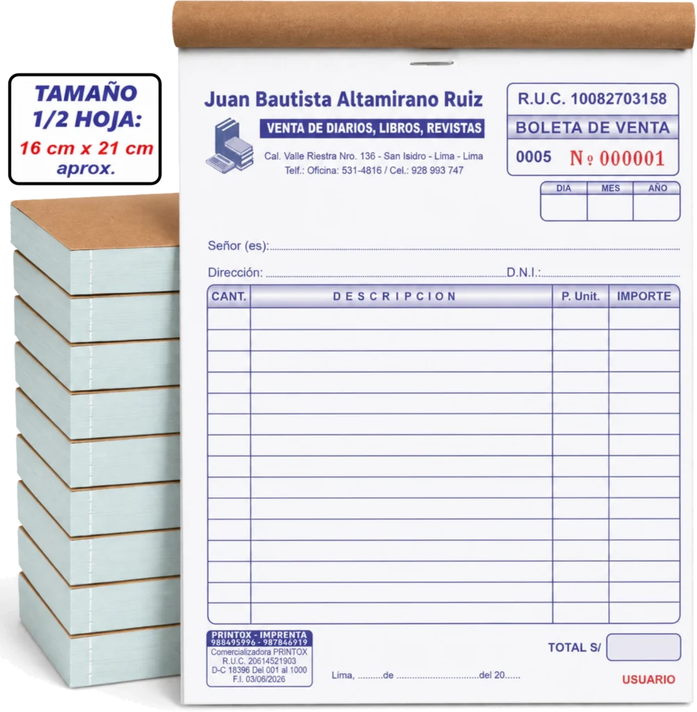 Boleta de venta para librería en formato 1/2 hoja