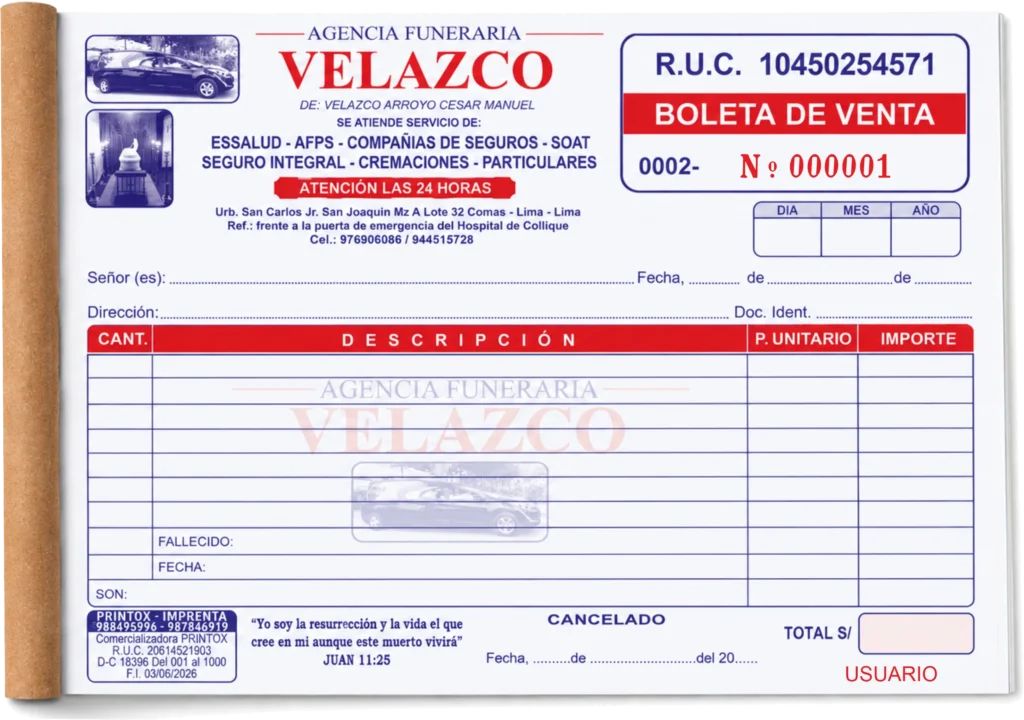 Boletas de venta impresas a 2 colores para negocio en Lima