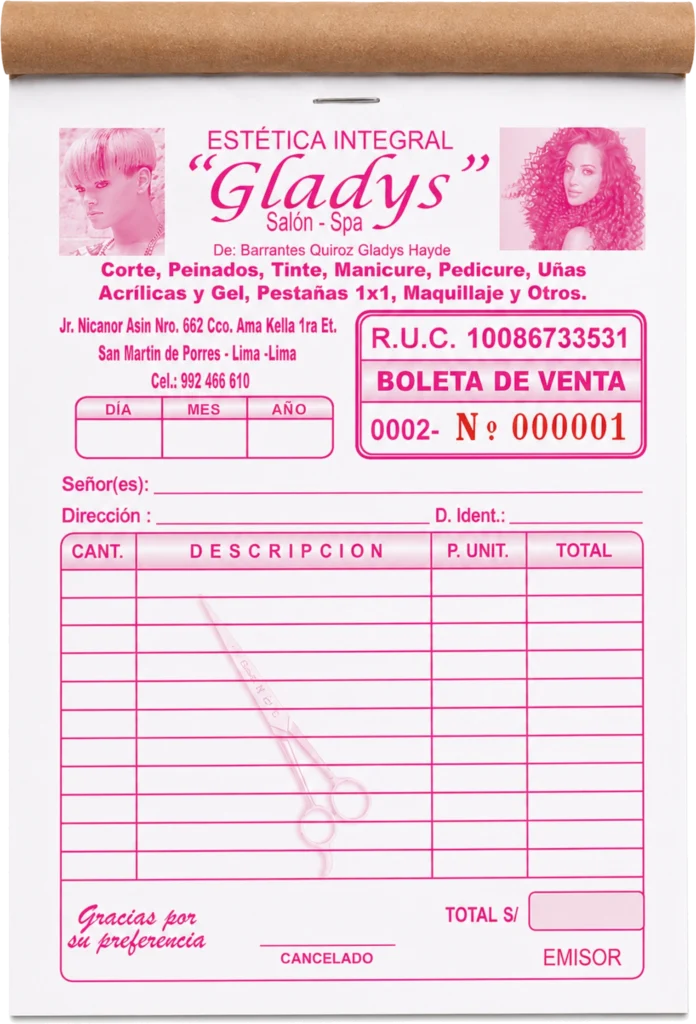 Boletas de venta impresas a 1 color magenta para salón de belleza