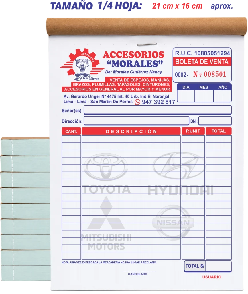 Boletas de venta personalizadas tamaño media hoja a tres colores