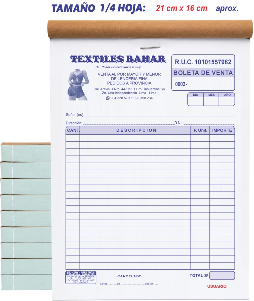 Boletas de venta personalizadas para empresa textil tamaño media hoja