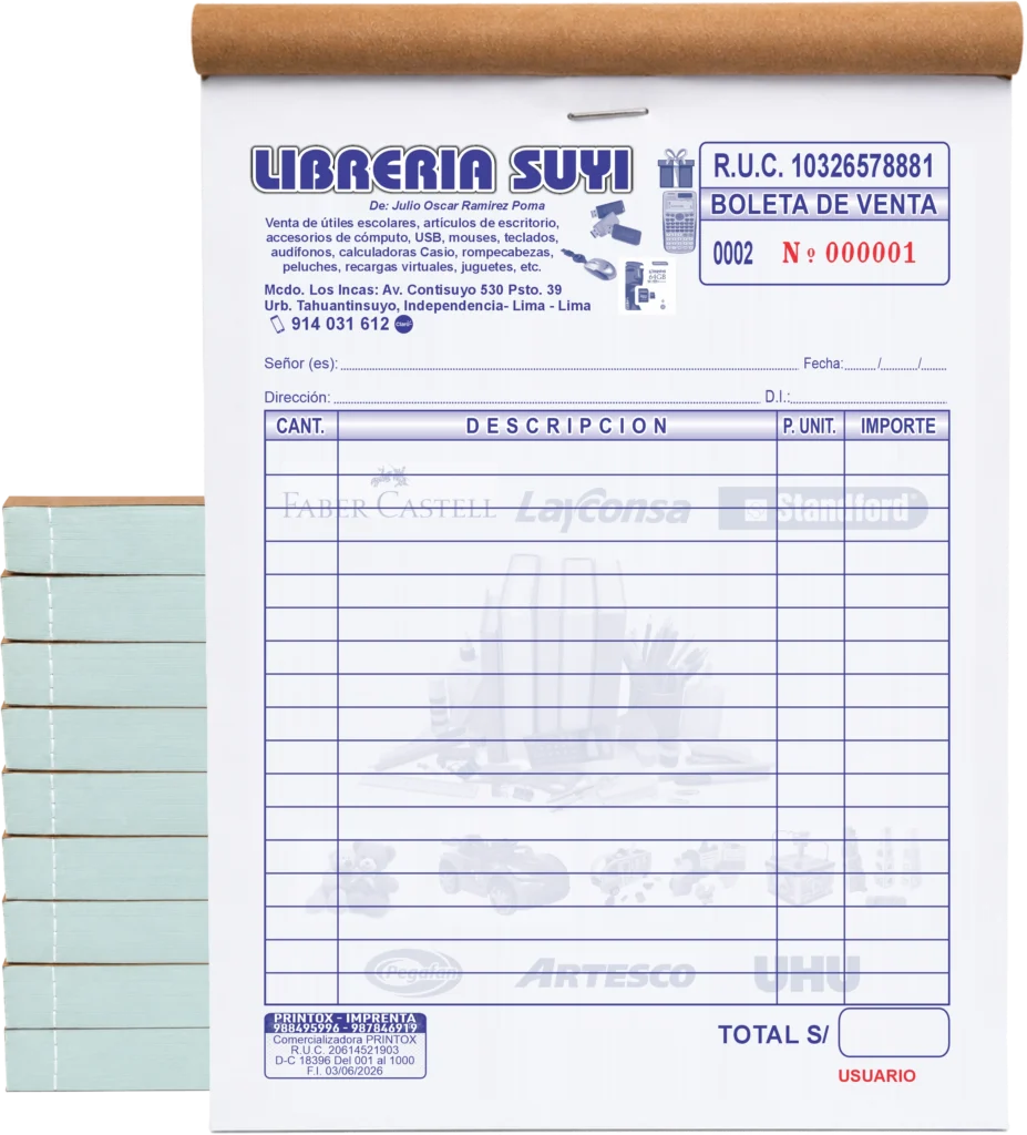Boletas de venta personalizadas para librería tamaño media hoja