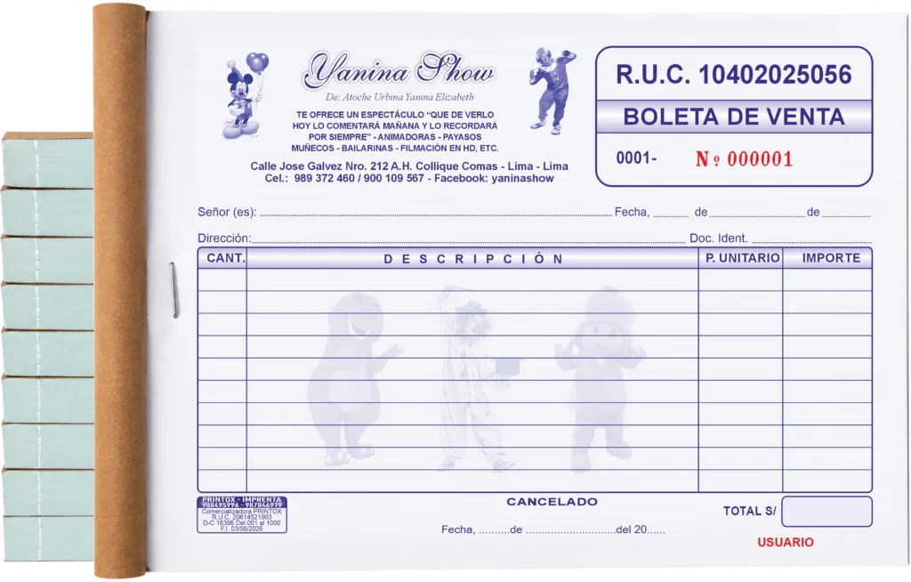 Boletas de venta personalizadas para shows infantiles tamaño media hoja