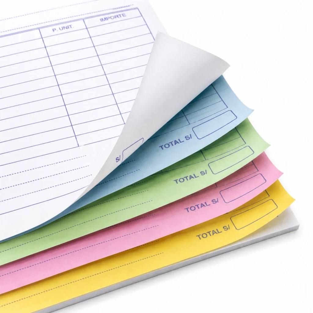 Formato autocopiativo con original blanco y cuatro copias celeste, verde, rosada y amarilla