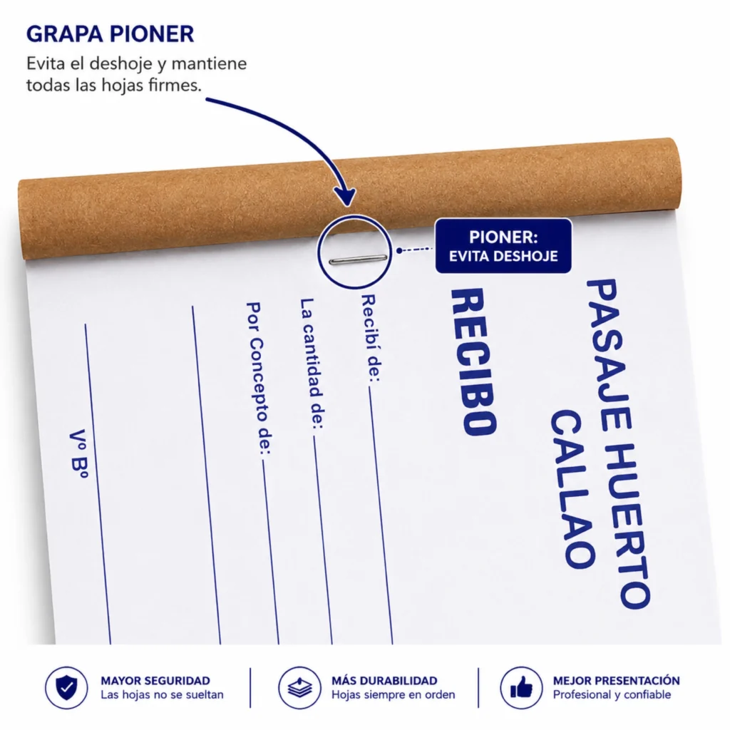 Grapa Pioner para mantener unidas las hojas de un talonario