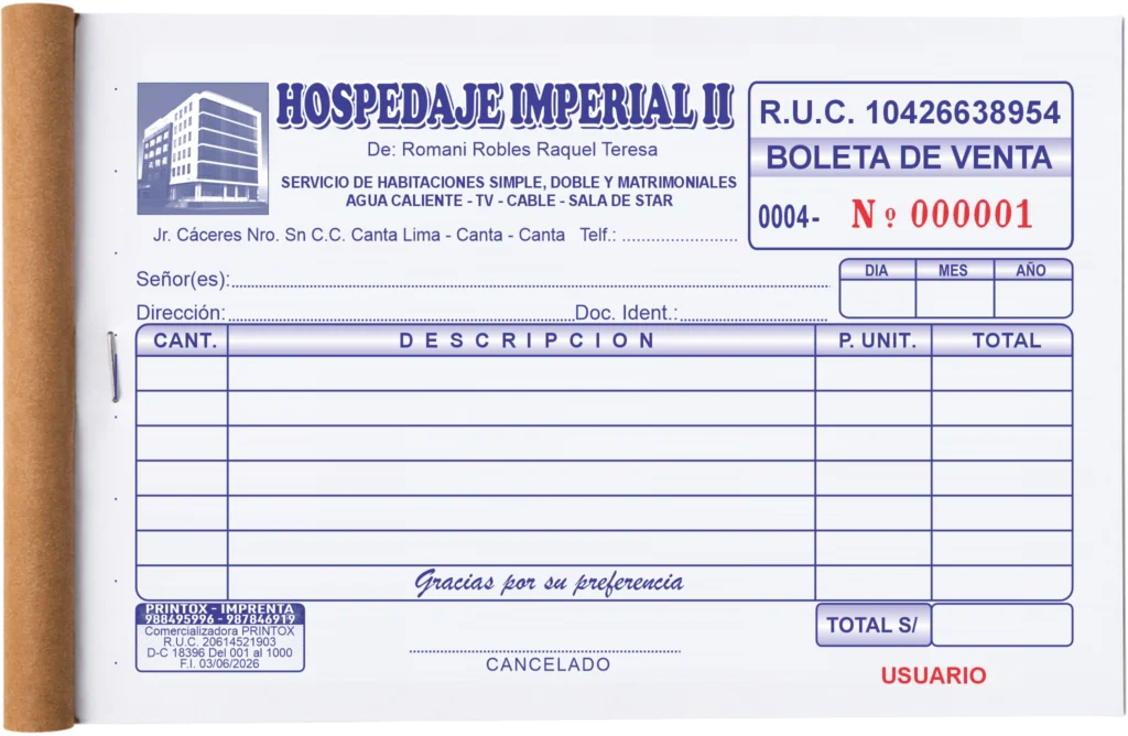 Boleta de venta personalizada para hospedaje
