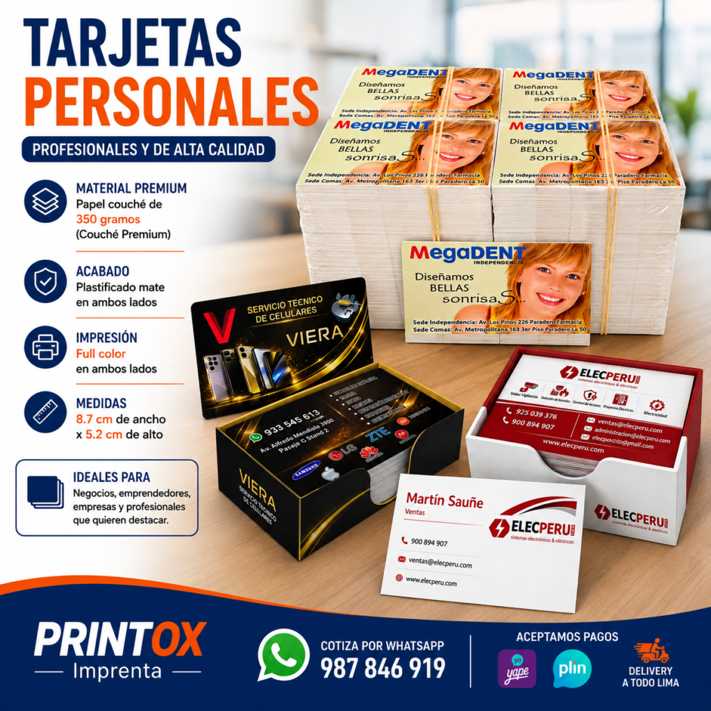 Tarjetas personales profesionales impresas a full color para negocios y empresas
